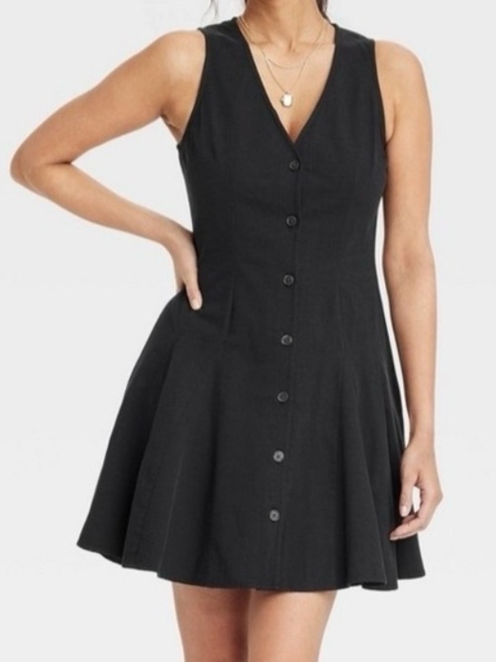 NWT Sz M Women's Button-Front Godet Mini A-Line Dress - Universal Thread Black
